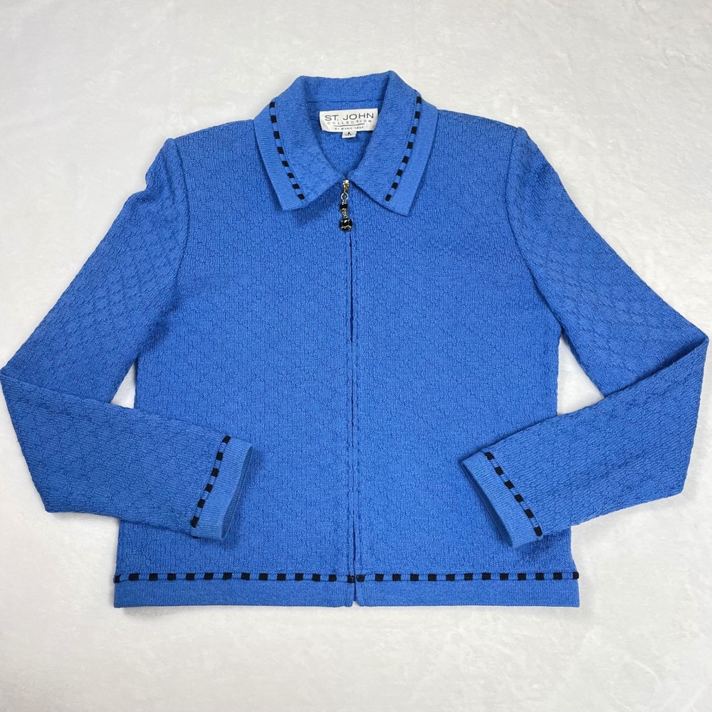 St. John Knit Jacket Women 2 Blue Excellent Zip Front Textured Marie Gray